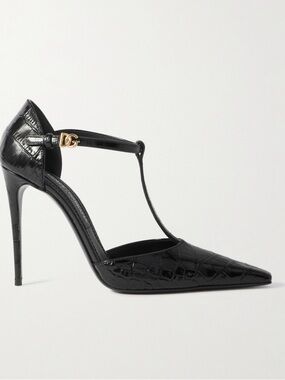 Dolce & Gabbana Black Croc-Embossed Patent T-Strap Stiletto